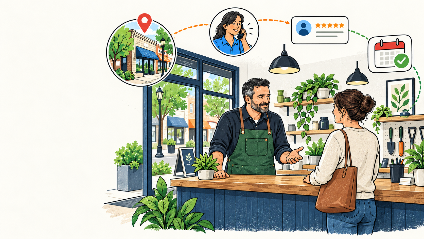 A local business owner helping a customer while discovery, response, reviews, and return visits connect around the business