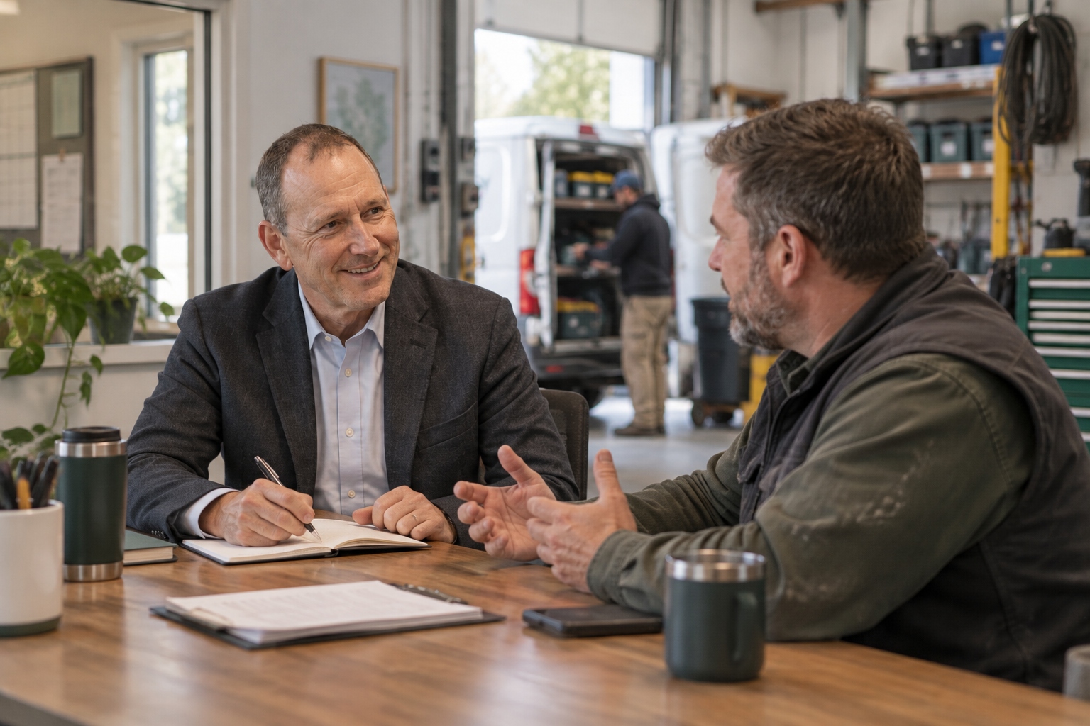 Peter Liptak listening to a home-services business owner in his workshop